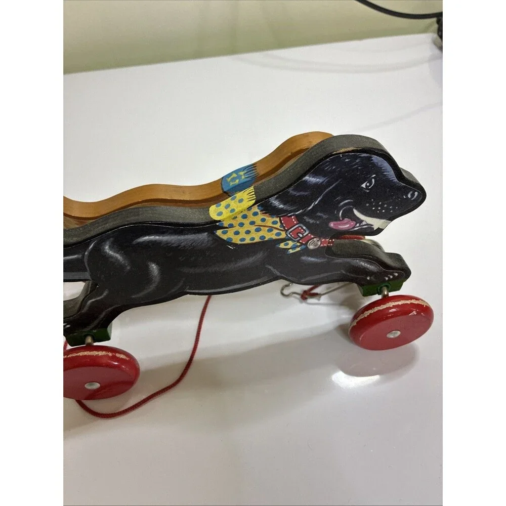 Vintage Schylling Wooden Dogs Pull Toy Black Lab Golden Retriever Racing Bell
